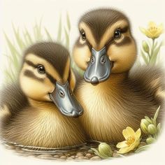 two ducklings sitting next to each other in the grass