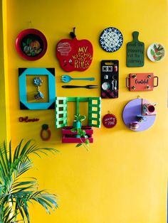 a yellow wall with various items on it and a potted plant next to it