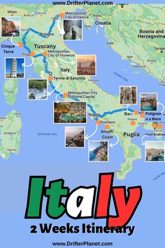 a map with the words italy on it and pictures of different places in front of it