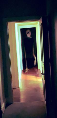 a creepy looking person standing in an open doorway at the end of a hall way