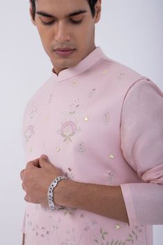 Baby pink bam silk kurta with front buttoned placket. Comes with ivory cotton silk pyjama and a suiting bundi jacket with mirror and thread embroidered garden. - Aza Fashions Fitted Pink Nehru Jacket For Transitional Season, Pink Fitted Nehru Jacket For Transitional Season, Transitional Pink Fitted Nehru Jacket, Transitional Fitted Pink Nehru Jacket, Pink Long Sleeve Nehru Jacket For Diwali, Pink Fitted Nehru Jacket, Pink Nehru Jacket Straight Kurta For Diwali, Pink Nehru Jacket For Diwali, Pink Nehru Jacket For Festive Occasions