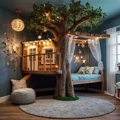 a bedroom with a tree bed in the corner and lights hanging from the ceiling above it