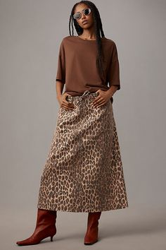 From catwalk to crosswalk, you'll spot these looks everywhere this season. Crafted in a leopard printed denim, the Damson Madder Rafe Skirt features side seam and back patch pockets, an on-trend drawstring waist, and the signature 'DM' embroidered logo. | Rafe Skirt by Damson Madder in Brown, Women's, Size: 4, Cotton at Anthropologie Casual Leopard Print Skirt For Fall, Spring Leopard Print Bottoms With Pockets, Leopard Print Bottoms With Pockets For Spring, Maximal Style, Animal Print Jeans, Animal Print Outfits, Brown Fits, Feminine Design, Printed Denim