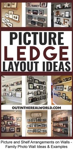 Photo Wall Ideas With Shelves - Ideas For Picture Ledge and Shelf Arrangements on Your Walls For Hanging Family Pictures - Have a blank wall in your living room, bedroom, foyer, #farmhouse #living #room #decor #ideas Ledge Shelf Styling, Wall Picture Design Ideas, Grandbaby Picture Wall, Staggered Picture Shelves, Shelves For Frames, Displaying Sports Pictures, Floating Shelves Family Pictures, Picture Shelving Ideas, Picture Wall Shelf Ideas Living Room