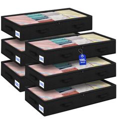 four black storage drawers with labels on each drawer and the bottom is labeled 1010