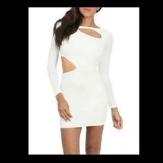 Futuristic Bodycon Dress With Shoulder, Waist, And Back Cutouts. Condition: New With Tags Size: Small Dress Length: Short Style: Sexy, Mini Pattern: Solid Material: Polyester Color: Off White, Ivory Features: Lined, Stretch Neckline: Round Neck Sleeve Length: Long Sleeve Occasion: Party/Cocktail White Mini Dress With Cutout Back For Evening, Spring Mini Length Bodycon Dress With Cutout Back, Spring Mini Bodycon Dress With Cutout Back, Spring Dresses With Side Cutouts For Night Out, Spring Night Out Dresses With Side Cutouts, White Asymmetrical Hem Bodycon Party Dress, Fitted Mini Dress With Cutout Back And Waist, White Mini Dress With Cutout Back For Brunch, Fitted Dress With Side Cutouts For Summer