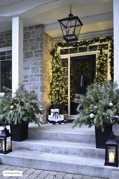 an instagram page with christmas decorations on the front porch and trees in potted planters