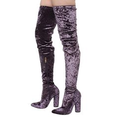 Brand New/Worn Once/ Velvet Purple Crushed Velvet Imported Heel Measures Approximately 4.75 Inches" Pointy Toe Thigh High Side Zipper Heel: 4 3/4" Inches Stretchy Velvet Thigh High Boots, Velvet Purple, Velvet Boots, Zipper Heels, Capes For Women, Purple Velvet, Crushed Velvet, Thigh High Boots, Thigh High