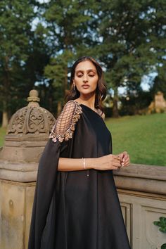 Gown Belt, Gown Off Shoulder, Kaftan Gown, Indo Western Dress, Black Off Shoulder, Wardrobe Update, Hand Work, Western Dresses, Shoulder Design