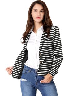 Shop Allegra K for notched lapel pocket button closure striped blazer you are looking for, get more women's suits for yourelf. Order now! Free Returns! Prep Style, Cropped Blazer Jacket, Stylish Blazer, Classic Blazer, Stretchy Jeans, Sport Dress, Vintage Blazer, Blazer Black, Striped Blazer