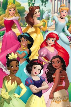 the disney princesses are all dressed up in their dresses and tias for an official photo