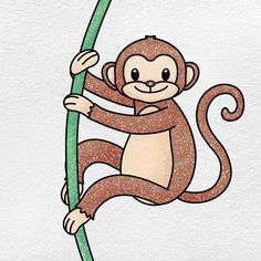 a drawing of a monkey hanging on to a tree branch with its arms and legs stretched out