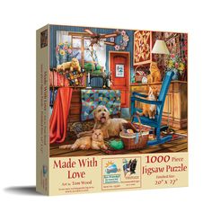 a jigsaw puzzle with two dogs laying on the floor