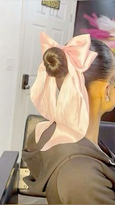 Curly Ponytail With Bow, Slick Back Ponytail With Bow, Ponytail With Bow Black Women, Bow Hairstyles Black Women, Bun With Bow, Slicked Back Bun, Bow Hairstyle