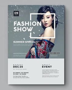 a fashion show flyer with a woman in a dress on the front and back cover