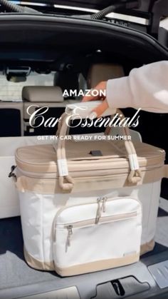 an open car trunk with a white bag in it and the words amazon our essentials get fit ready for summer