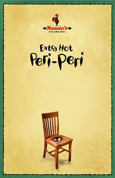 a wooden chair sitting in front of a yellow wall with the words extra hot peri - peri on it