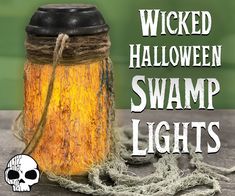 an image of a jar with halloween swamp lights in it and a skull on the side