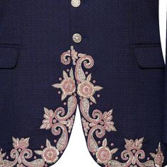 Blue Wedding Prince Coat For Men With Tea Pink Handwork Dress up on your special day with this luxurious blue wedding prince coat for men, embellished with pink and silver handwork embellishments. This beautifully handcrafted coat is a masterpiece in its own right, crafted from premium quality Italian fabrics.The Prince coat has a classic double-breasted design with a satin shawl lapel and golden buttons. Handcrafted ornaments are meticulously placed on the chest, arms and back of the coat, addi Formal Pink Bandhgala With Intricate Embroidery, Elegant Pink Long Sleeve Nehru Jacket, Elegant Pink Nehru Jacket For Festive Occasions, Formal Pink Sherwani With Intricate Embroidery, Elegant Blue Nehru Jacket With Resham Embroidery, Elegant Pink Festive Outerwear, Elegant Pink Sherwani With Intricate Embroidery, Traditional Embroidered Blazer For Reception, Elegant Blue Ceremonial Suits