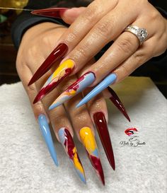 Vibrant Fall Nails, Stilleto Fall Nail Designs, Fall Stilleto Nails Long, Fall Nails Coffin Long, Acrylic Nails For Autumn, Long Nail Designs Fall, Each Nail Different Design, Long Acrylic Nails Fall, Fall Long Nails Ideas