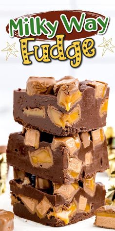 chocolate fudge bars stacked on top of each other with the title in the middle