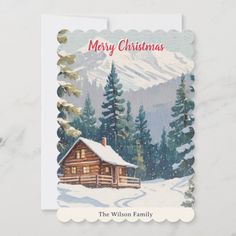 a christmas card with a log cabin in the snow and pine trees on the mountain