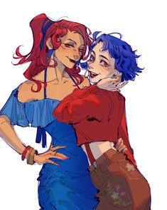 two people are hugging each other while wearing red and blue hair, one is holding the other