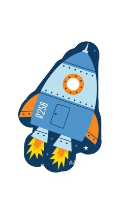 a blue and orange rocket ship with stars on it