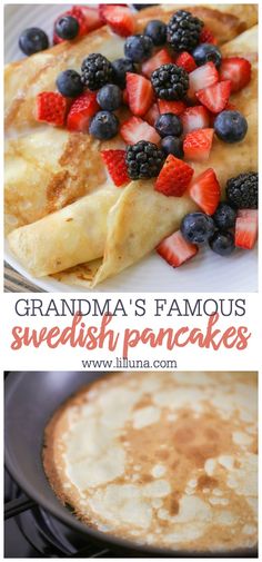 pancakes with strawberries, blueberries and raspberries on top are shown in this collage