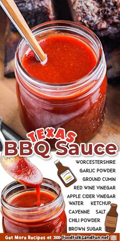 the bbq sauce is being poured into a jar