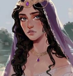 a drawing of a woman with long hair wearing a tiara and purple veil on her head