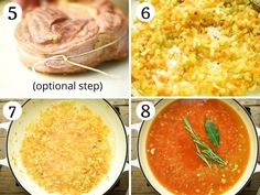 four pictures showing how to make soup with meat and vegetables in the same pan as well as step by step instructions