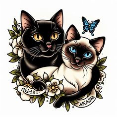 two cats sitting next to each other on top of a white background with flowers and butterflies