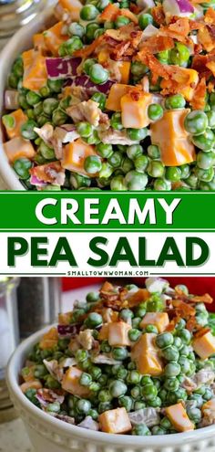 this creamy pea salad is loaded with fresh peas, bacon, and cheese