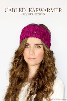 a woman with long hair wearing a purple knitted headband and white sweater,