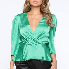 Plunge Neck Line Snap Button Satin 100% Polyester Fitted V-neck Top For Spring Party, Spring V-neck Blouse For Night Out, Glamorous V-neck Tops For Date Night, Chic Surplice Neckline Tops, Chic Solid Surplice Neckline Tops, Green V-neck Top For Night Out, Chic V-neck Top For Spring Party, Feminine V-neck Top For Night Out, Green V-neck Top For Brunch