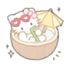 an image of a hello kitty in a bowl with umbrella and sunhat on it