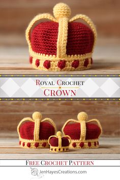 Collage images of the Decorative Crochet Crown in red and yellow. Text overlay, "Royal Crochet Crown, Free Crochet Pattern, JenHayesCreations.com." Crocheted Crowns Patterns, Amigurumi Doll Hat Free Pattern, Crochet Crown Patterns Free, Crochet King Crown, Crochet Mini Crown, Crochet Mini Accessories, Mini Hat Crochet Pattern Free, Crown Crochet Pattern Free, Amigurumi Hat Free Pattern