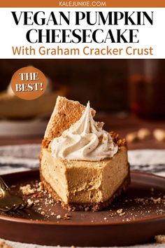 the best vegan pumpkin cheesecake with graham cracker crust is on a plate