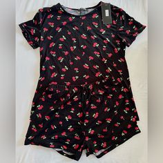 Really Comfy Cherry Pajamas, Made Of Really Soft Fabric. They Do Run One Size Small, But They Are Super Stretchy! Have Them In 2 Sizes: S/M And L/Xl Casual Black Sleepwear For Sleepovers, Black Tops For Pajama Party In Spring, Black Crew Neck Sleepwear For Pajama Party, Trendy Black Sleepwear For Loungewear, Black Tops For Summer Sleepover, Trendy Black Sleepwear For Lounging, Cherry Pajamas, Thermal Pajamas, Lingerie Shorts