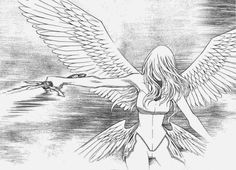 a drawing of a woman with wings flying over the water and two birds in the sky