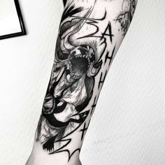 a black and white image of a demon with flowers on it's arm, done by person