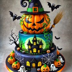 a three tiered halloween cake decorated with pumpkins and witch's hat on top