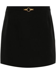 black logo-engraved buckle internal logo tag thigh-length curved hem concealed side zip fastening Black Workwear Skirt With Belt Detail, Black Skirt With Belt Detail For Work, Black Mini Skirt With Belt Loops For Work, Mini Skirt Black, Logo Tag, Skirt Fits, Just Cavalli, Fitted Skirt, Black Logo