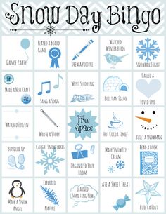 the snow day bingo game is shown in blue