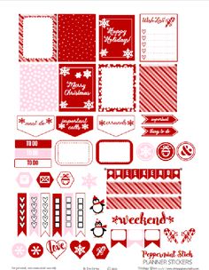 a bunch of red and white paper stickers with hearts, snowflakes, and christmas