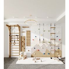 there is a climbing wall in the children's room with ladders and toys