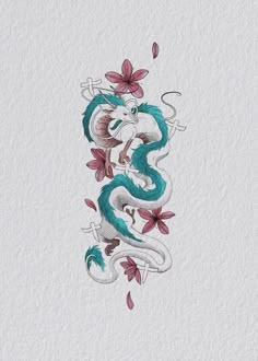 a drawing of a dragon with flowers on it