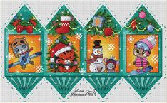 a cross stitch pattern with three pictures of cats and snowmen in christmas outfits, one is