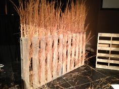 dry grass in front of a wooden fence on a black counter top next to a white box